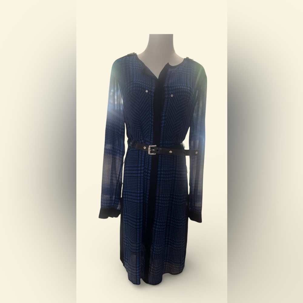 Michael Kors Blue Plaid Sheer Belted Dress with zipper shoulder detail
